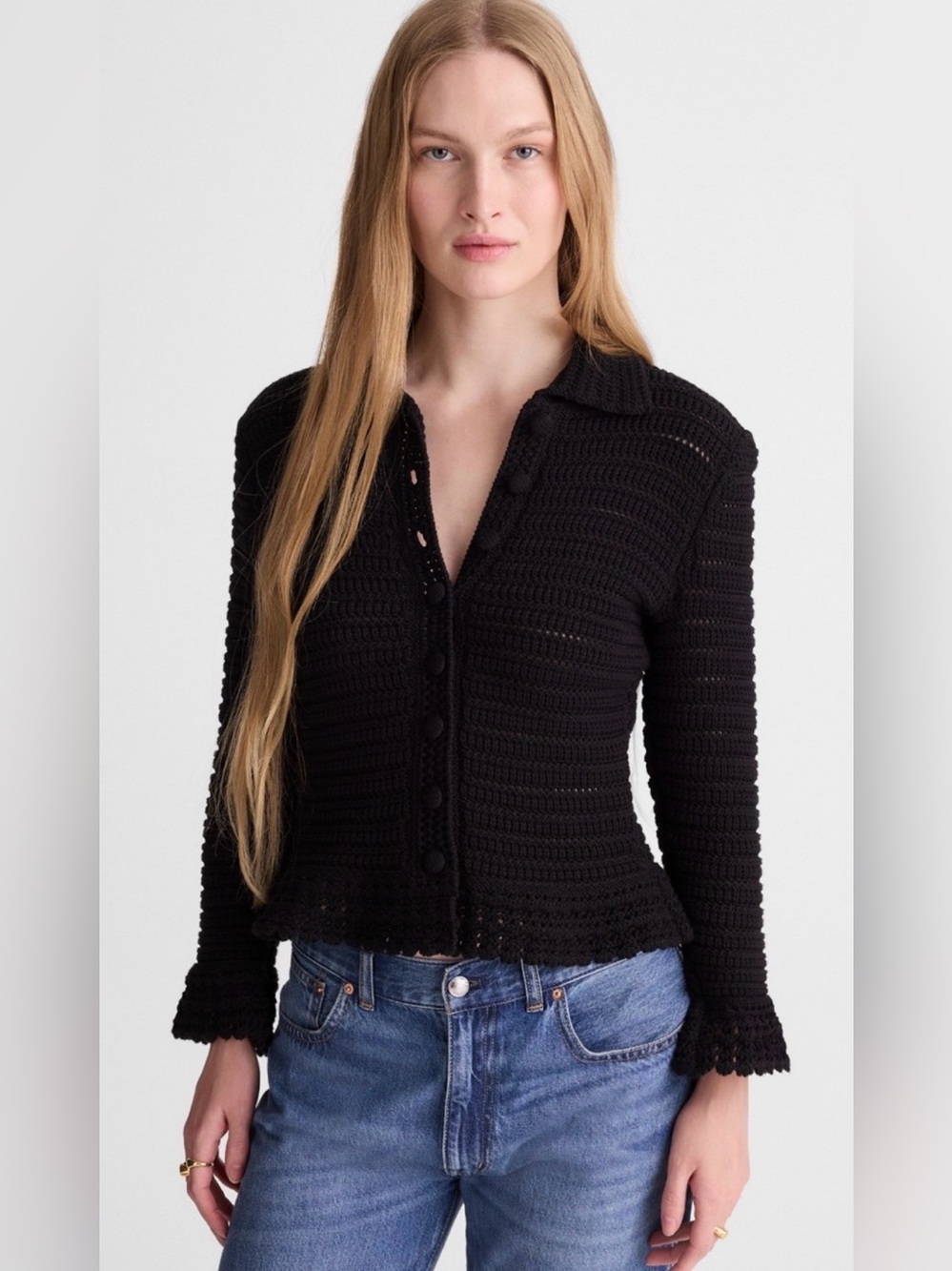 NWT Madewell Pointelle-Knit Peplum Cardigan 100% Cotton in Black Size XS
